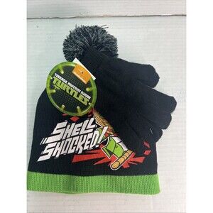 TMNT Shell Shocked Boys Beanie Hat & Gloves Black Pom Pom NEW